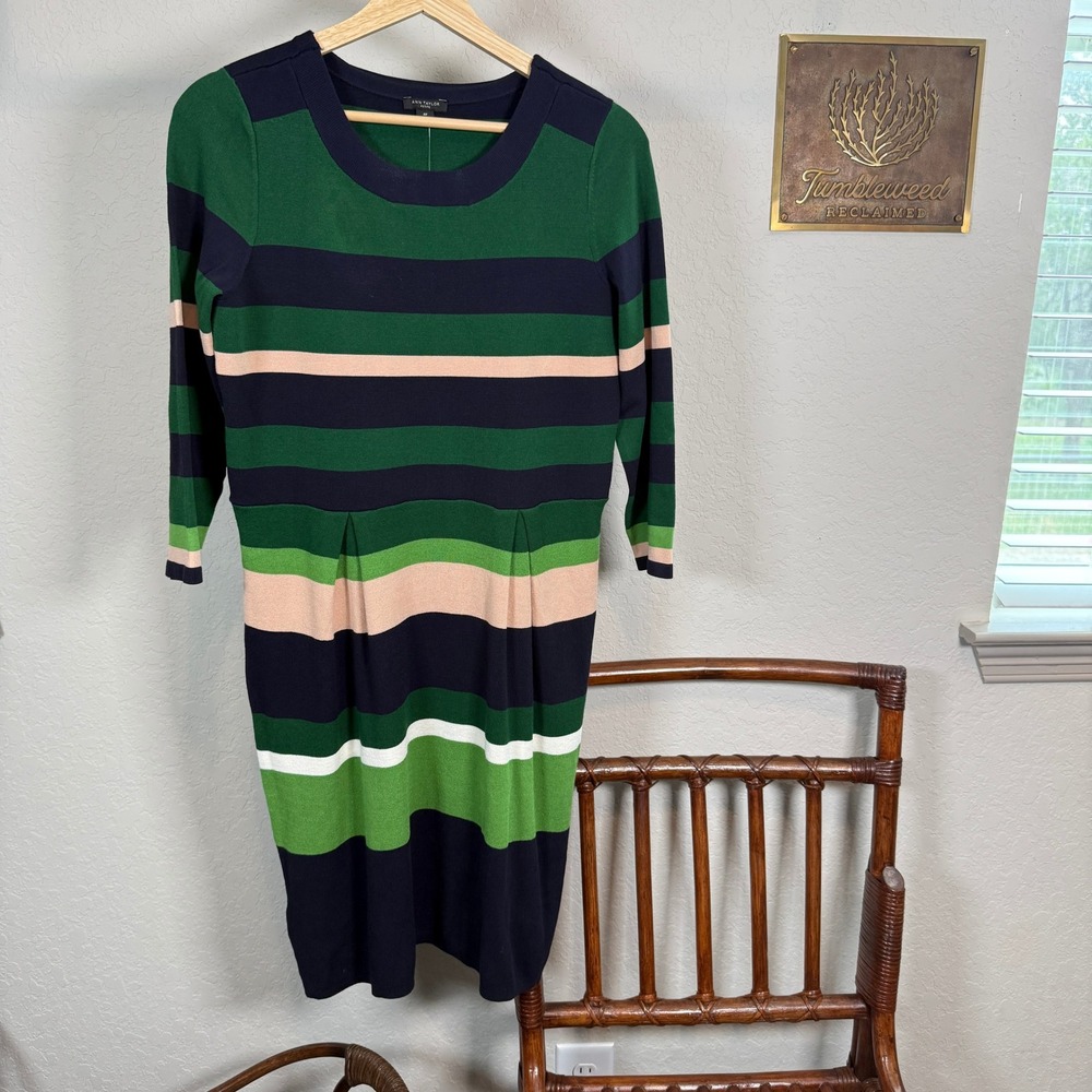 Ann Taylor Petite‎ Green Navy Striped Knit Sheath Dress 3/4 Sleeve MP 431652
